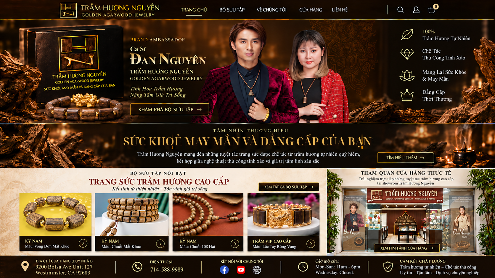 Trầm Hương Nguyễn — Golden Agarwood Jewelry. Đại sứ thương hiệu Đan Nguyên, bộ sưu tập Kỳ Nam và Trầm VIP, cửa hàng 9200 Bolsa Avenue, Unit 127, Westminster, California.