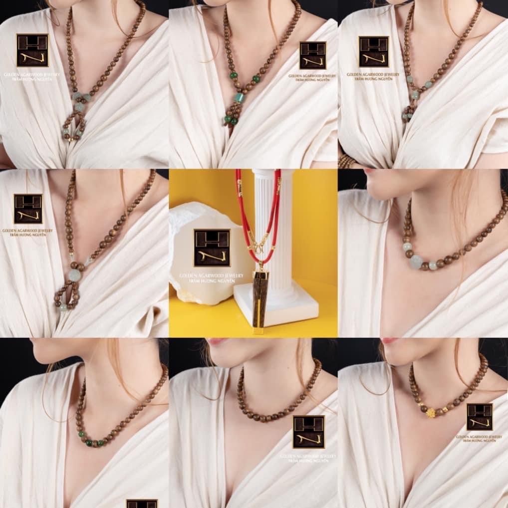 Agarwood necklace styled on a model